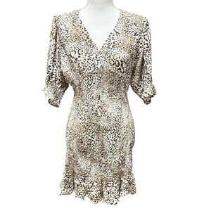 Faithfull The Brand Margherita Signe Animal Print Smocked Mini Dress Medium NWT